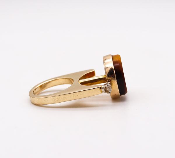 GEOMETRIC 1970 Retro Modernist Sculptural Ring In 14Kt Gold Tiger Quartz & Diamonds