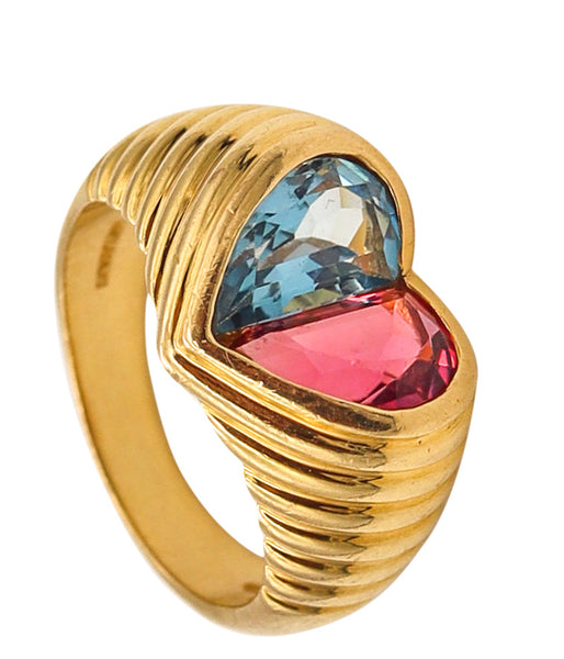 Bvlgari Roma Doppio Ring In 18Kt Yellow Gold With 3.10 Ctw In Pink Tourmaline & Topaz