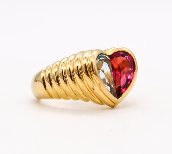 Bvlgari Roma Doppio Ring In 18Kt Yellow Gold With 3.10 Ctw In Pink Tourmaline & Topaz