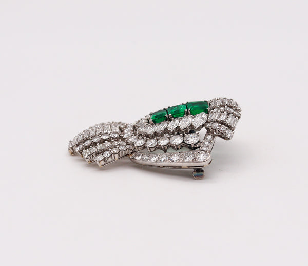 Art Deco 1930 Convertible Pendant Brooch In Platinum With 11.73 Ctw In Diamonds And Emeralds