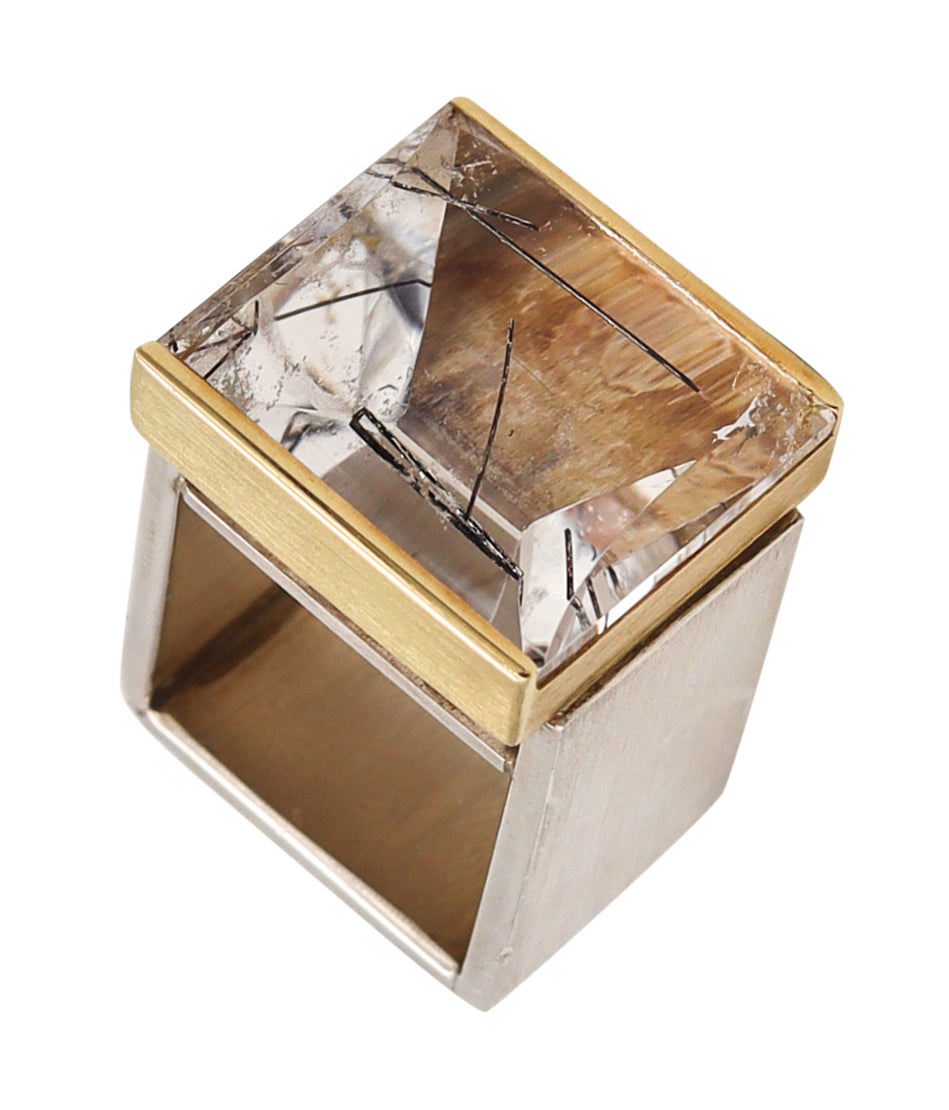 Helfried Kodré Bauhaus Modernism Geometric Ring In Solid 18Kt Yellow Gold & Sterling With 45.95 Cts Rutilated Quartz