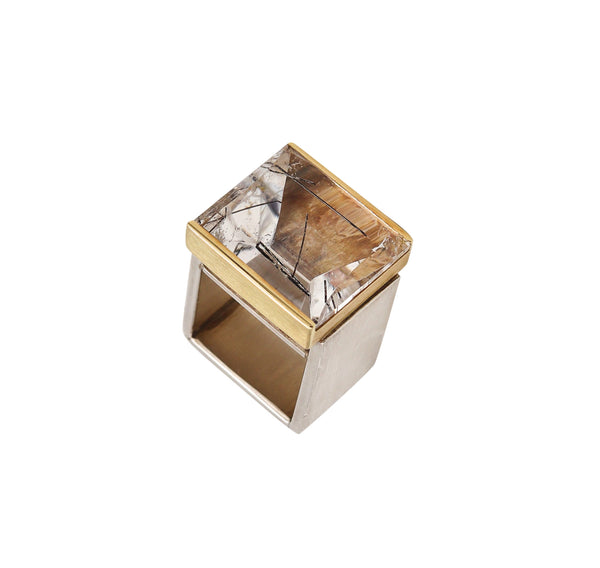 Helfried Kodré Bauhaus Modernism Geometric Ring In Solid 18Kt Yellow Gold & Sterling With 45.95 Cts Rutilated Quartz