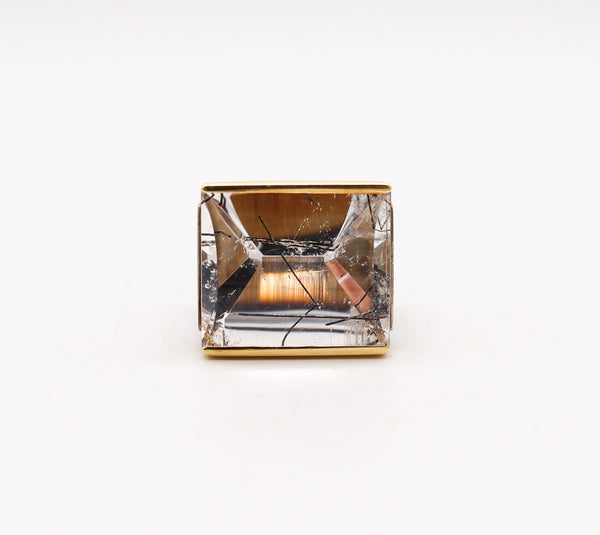 Helfried Kodré Bauhaus Modernism Geometric Ring In Solid 18Kt Yellow Gold & Sterling With 45.95 Cts Rutilated Quartz