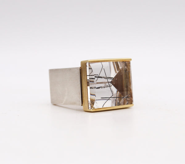 Helfried Kodré Bauhaus Modernism Geometric Ring In Solid 18Kt Yellow Gold & Sterling With 45.95 Cts Rutilated Quartz