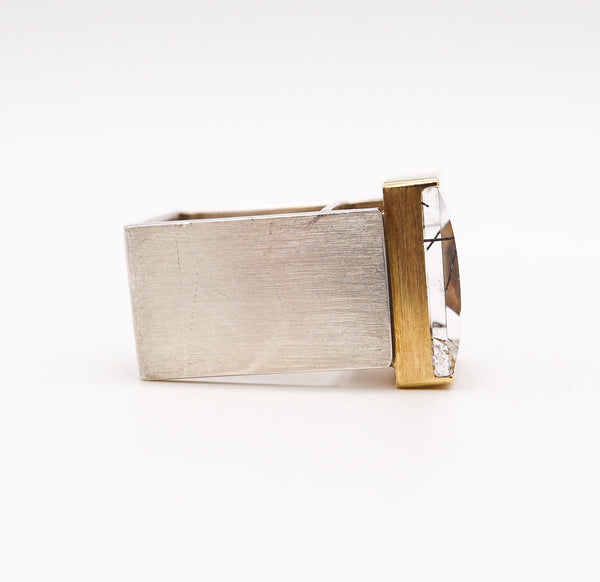 Helfried Kodré Bauhaus Modernism Geometric Ring In Solid 18Kt Yellow Gold & Sterling With 45.95 Cts Rutilated Quartz