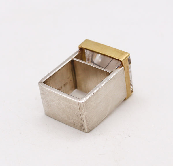 Helfried Kodré Bauhaus Modernism Geometric Ring In Solid 18Kt Yellow Gold & Sterling With 45.95 Cts Rutilated Quartz