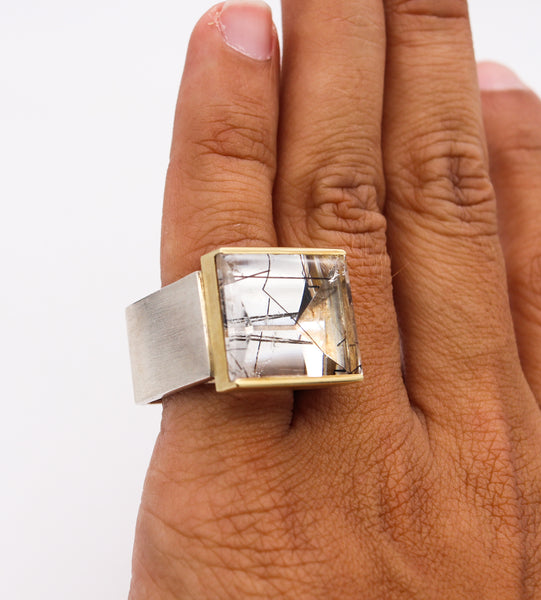 Helfried Kodré Bauhaus Modernism Geometric Ring In Solid 18Kt Yellow Gold & Sterling With 45.95 Cts Rutilated Quartz