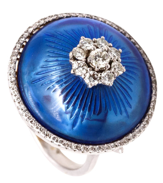 Modernist Cocktail Ring In 18Kt White Gold With Blue Enamel And 1.08 Cts Diamonds