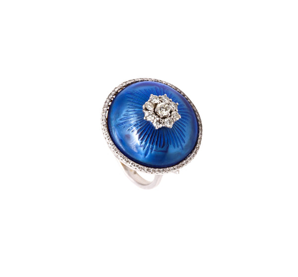 Modernist Cocktail Ring In 18Kt White Gold With Blue Enamel And 1.08 Cts Diamonds