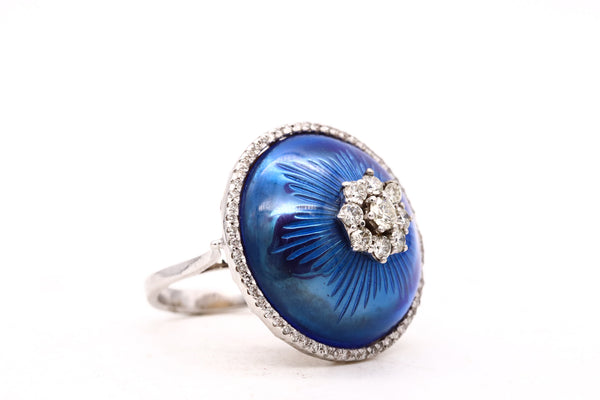 Modernist Cocktail Ring In 18Kt White Gold With Blue Enamel And 1.08 Cts Diamonds