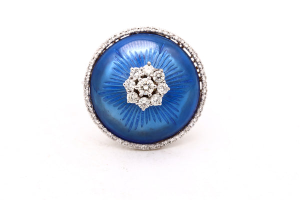 Modernist Cocktail Ring In 18Kt White Gold With Blue Enamel And 1.08 Cts Diamonds