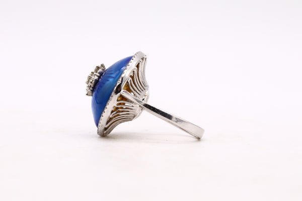 Modernist Cocktail Ring In 18Kt White Gold With Blue Enamel And 1.08 Cts Diamonds