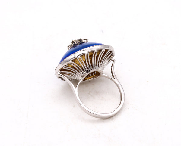 Modernist Cocktail Ring In 18Kt White Gold With Blue Enamel And 1.08 Cts Diamonds