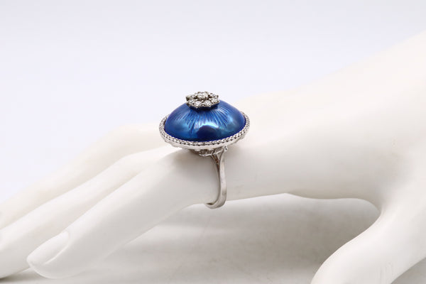 Modernist Cocktail Ring In 18Kt White Gold With Blue Enamel And 1.08 Cts Diamonds