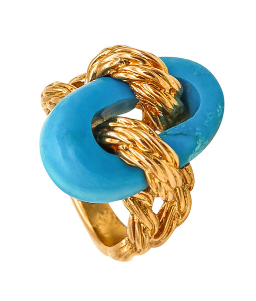 Van Cleef & Arpels 1970 Paris Twisted Ropes Cocktail Ring In 18Kt Yellow Gold With Blue Turquoise