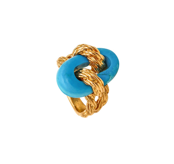 Van Cleef & Arpels 1970 Paris Twisted Ropes Cocktail Ring In 18Kt Yellow Gold With Blue Turquoise