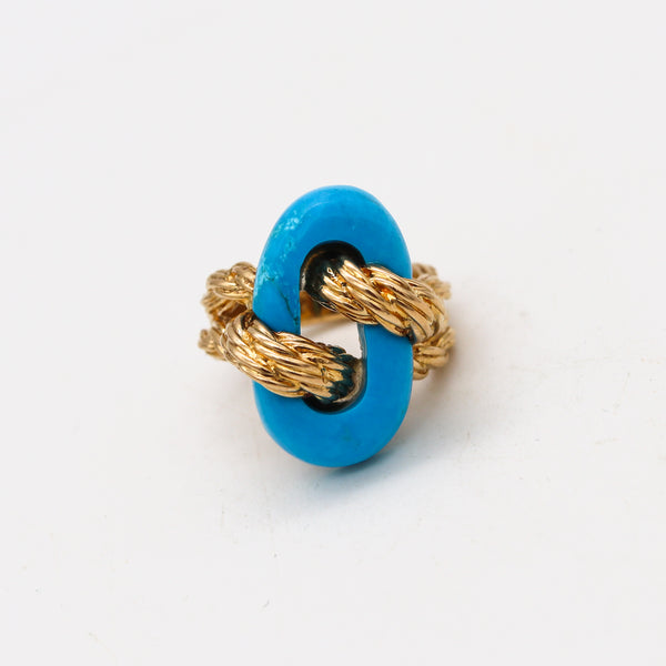 Van Cleef & Arpels 1970 Paris Twisted Ropes Cocktail Ring In 18Kt Yellow Gold With Blue Turquoise