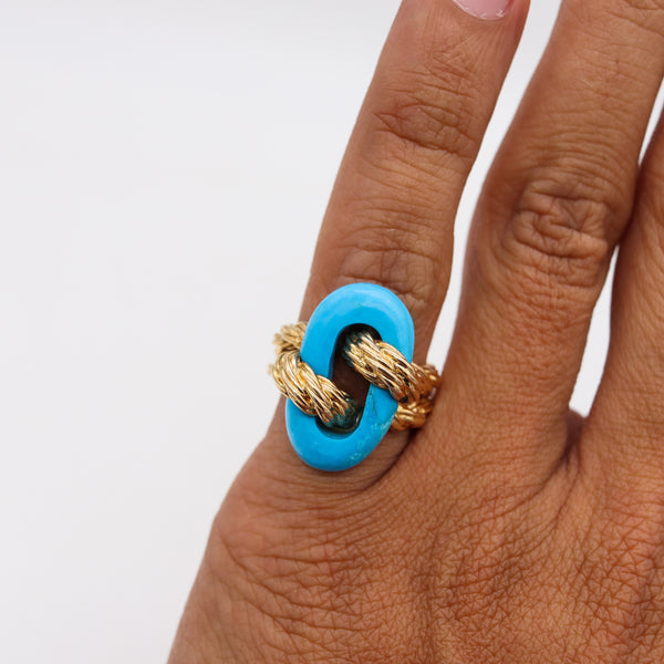 Van Cleef & Arpels 1970 Paris Twisted Ropes Cocktail Ring In 18Kt Yellow Gold With Blue Turquoise