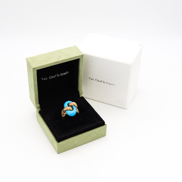 Van Cleef & Arpels 1970 Paris Twisted Ropes Cocktail Ring In 18Kt Yellow Gold With Blue Turquoise