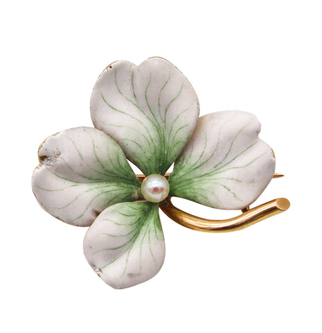 -Art Nouveau Edwardian 1905 White Flower Enameled Pendant Brooch in 14Kt Gold With Natural Pearl