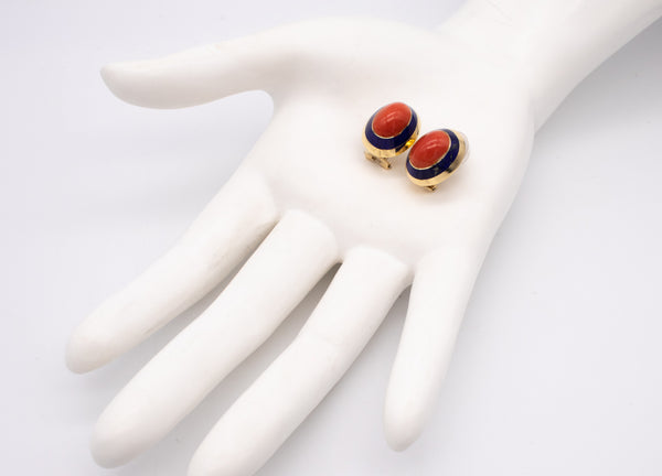 *Italian 1970's designer’s retro earrings in 18 kt gold with Sardinian red coral and lapis lazuli