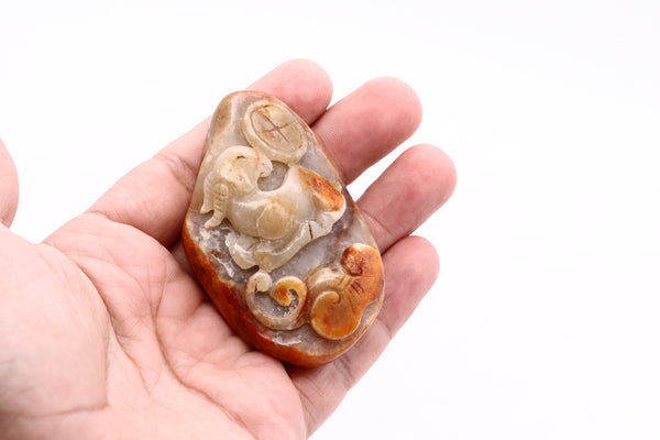 CHINA 1910 QING DYNASTY RAM AMULET CARVED IN NEPHRITE BROWNISH JADEITE