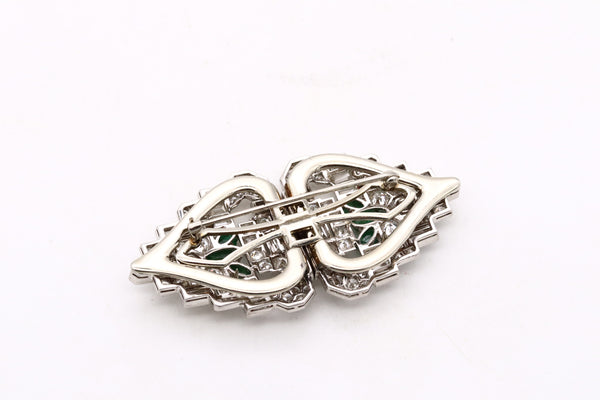 OSCAR HEYMAN 1930 ART DECO PLATINUM CONVERTIBLE CLIPS WITH 8.96 Ctw IN CARVED EMERALDS & DIAMONDS