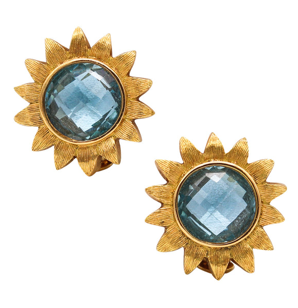 Robert Bruce Bielka Tropical Sunflower Clips-Earrings In Solid 18Kt Yellow Gold With 8 Ctw Blue Topaz