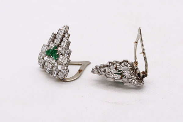 OSCAR HEYMAN 1930 ART DECO PLATINUM CONVERTIBLE CLIPS WITH 8.96 Ctw IN CARVED EMERALDS & DIAMONDS