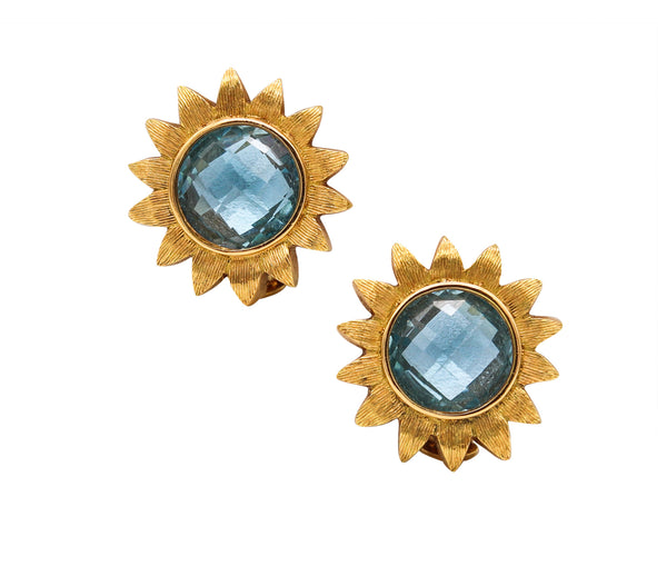 Robert Bruce Bielka Tropical Sunflower Clips-Earrings In Solid 18Kt Yellow Gold With 8 Ctw Blue Topaz