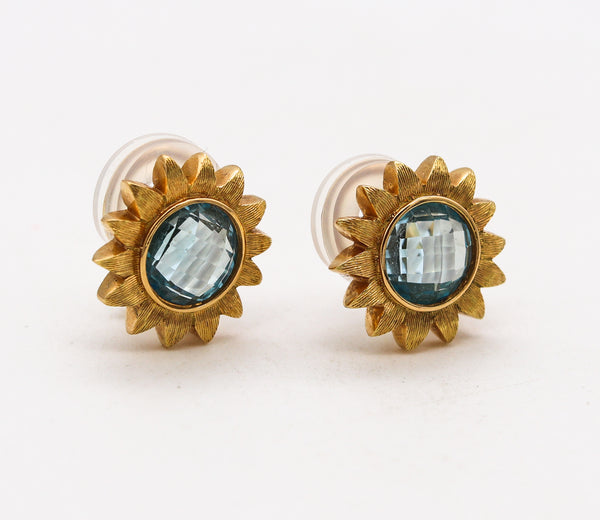 Robert Bruce Bielka Tropical Sunflower Clips-Earrings In Solid 18Kt Yellow Gold With 8 Ctw Blue Topaz