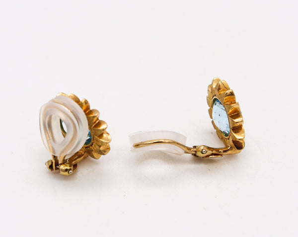 Robert Bruce Bielka Tropical Sunflower Clips-Earrings In Solid 18Kt Yellow Gold With 8 Ctw Blue Topaz