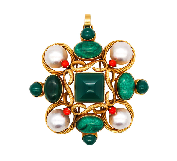 Modernist 1970 Convertible Maltese Pendant Brooch In 18Kt Gold With 106.86 Cts In Multi Gemstones