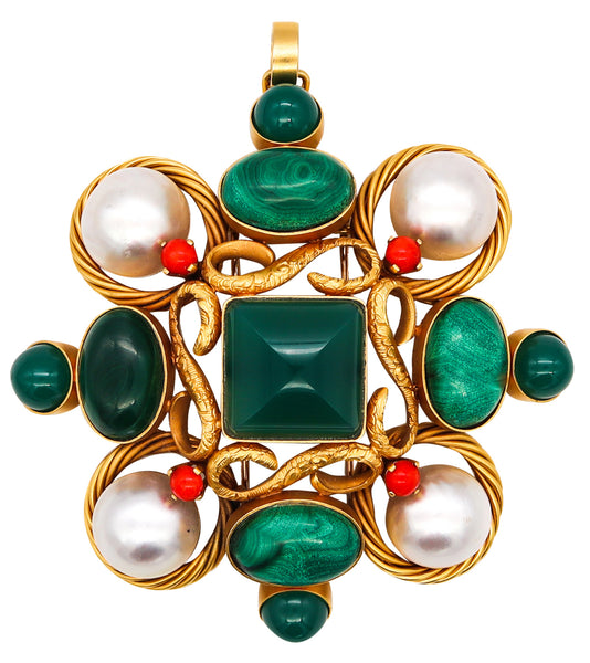 Modernist 1970 Convertible Maltese Pendant Brooch In 18Kt Gold With 106.86 Cts In Multi Gemstones