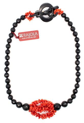 RAJOLA ITALY MODERN NECKLACE WITH ONYX AND OX BLOOD RED CORAL