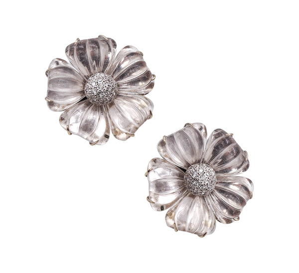 Maz 1970 Flower Earrings In 14Kt White Gold With 96.72 Ctw In Rock Quartz & Diamonds