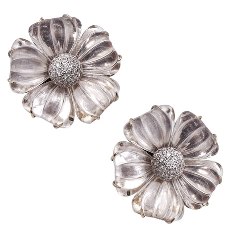 Maz 1970 Flower Earrings In 14Kt White Gold With 96.72 Ctw In Rock Quartz & Diamonds