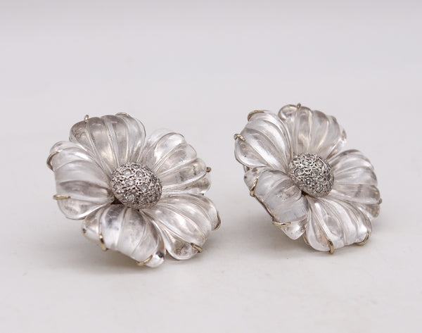 Maz 1970 Flower Earrings In 14Kt White Gold With 96.72 Ctw In Rock Quartz & Diamonds