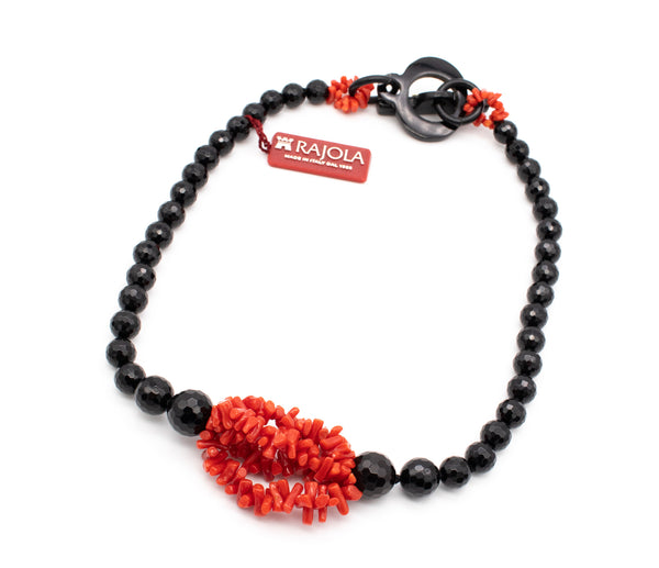 RAJOLA ITALY MODERN NECKLACE WITH ONYX AND OX BLOOD RED CORAL