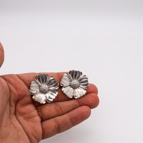 Maz 1970 Flower Earrings In 14Kt White Gold With 96.72 Ctw In Rock Quartz & Diamonds