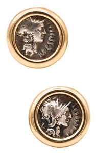 Roman Coin Earrings In 18Kt Yellow Gold With 114 BC Silver Denarius of M. Cipius