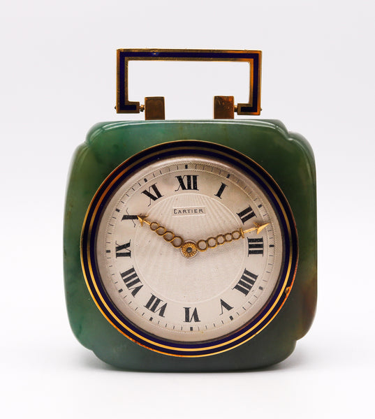 Cartier Paris 1920 Art Deco Chinoiserie Desk Clock In Nephrite Jade Enamel And 18Kt Gold