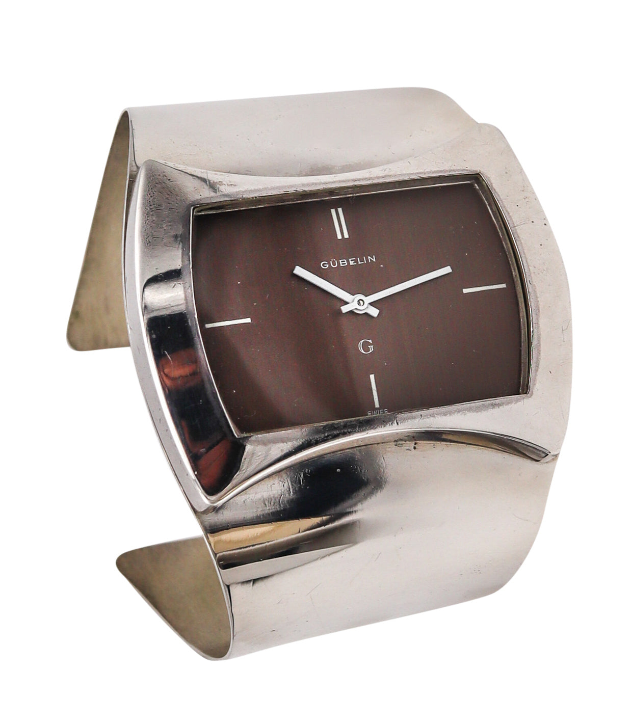 -Gubelin 1973 Swiss Retro Space Era Wrist Watch Cuff Bracelet In .925 Sterling Silver