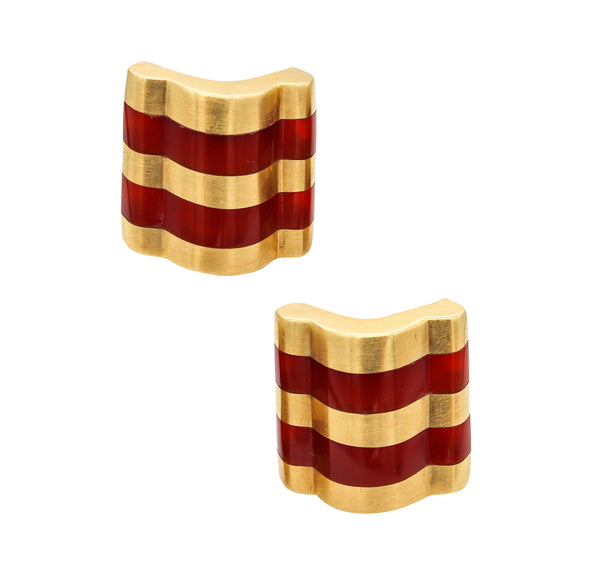 Angela Cummings Rare Geometric Clip Earrings in 18kt Yellow Gold With Carved Carnelian