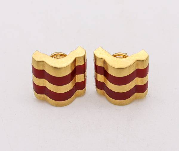 Angela Cummings Rare Geometric Clip Earrings in 18kt Yellow Gold With Carved Carnelian