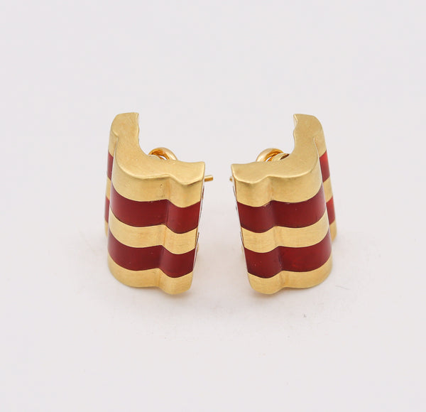 Angela Cummings Rare Geometric Clip Earrings in 18kt Yellow Gold With Carved Carnelian