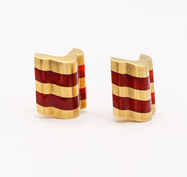 Angela Cummings Rare Geometric Clip Earrings in 18kt Yellow Gold With Carved Carnelian