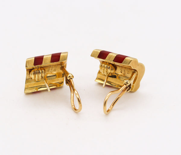 Angela Cummings Rare Geometric Clip Earrings in 18kt Yellow Gold With Carved Carnelian