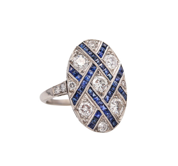 Art Deco 1930 Geometric Ring In Platinum With 2.34 Cts In Diamonds & Sapphires