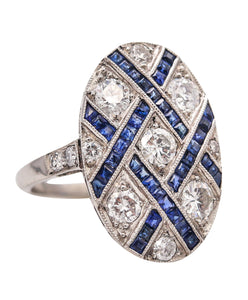 Art Deco 1930 Geometric Ring In Platinum With 2.34 Cts In Diamonds & Sapphires